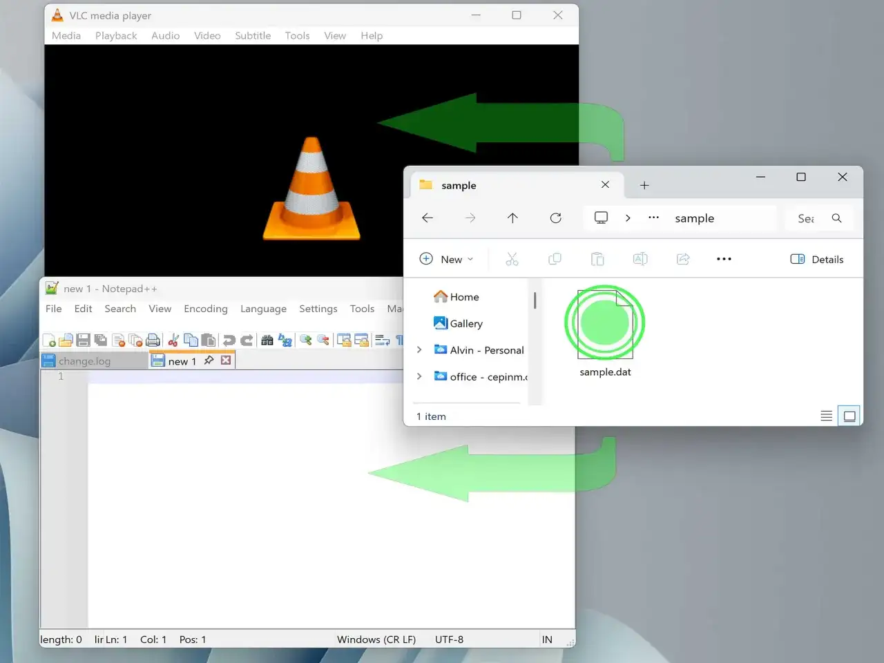 El VLC media player muestra un cono naranja. Una flecha verde indica cómo abrir archivos .dat desde el explorador de archivos.