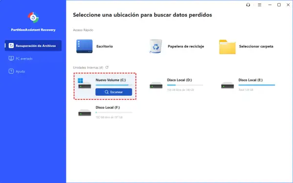 Interfaz de recuperación de datos. Se muestra la opción de escanear el disco C:, la papelera de reciclaje y otras unidades.