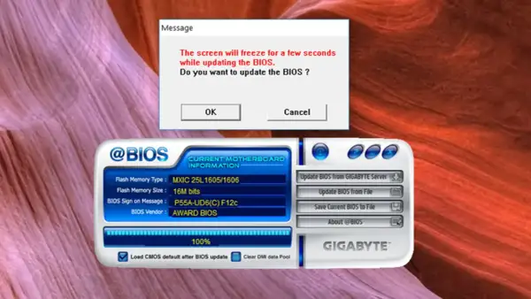 Ventana de mensaje advierte que la pantalla se congelará al actualizar BIOS. Se muestra la interfaz de @BIOS para actualizar BIOS de placa base Gigabyte.