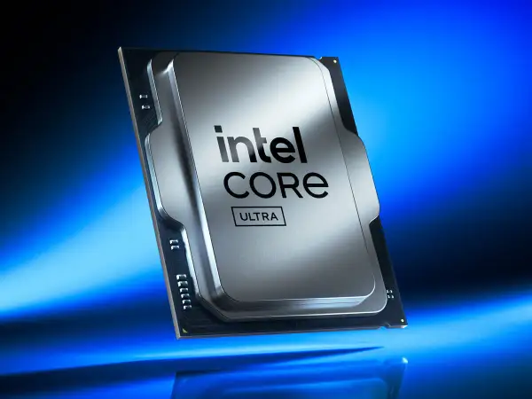 Procesador Intel Core Ultra, con su diseño plateado y el logo de Intel, listo para impulsar la próxima generación de tecnología, como un lago de flechas que guía el futuro.