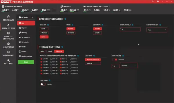 Configuración de **stress test PC** con CPU Intel i9-13900K, seleccionando núcleos y modo de carga para la prueba.
